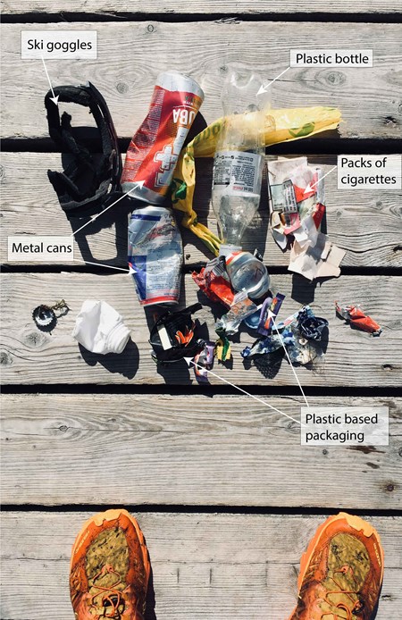 Søppel samlet av en deltager i undersøkelsen fra et fjell i Østerrike.