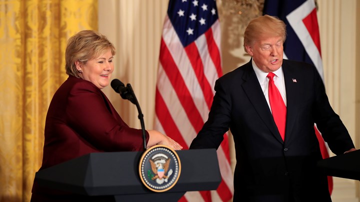 – Vi oppnår vår frihet sammen med våre europeiske venner, sa Erna Solberg i sin tale fredag. Her fra da hun møtte USAs president i 2018.