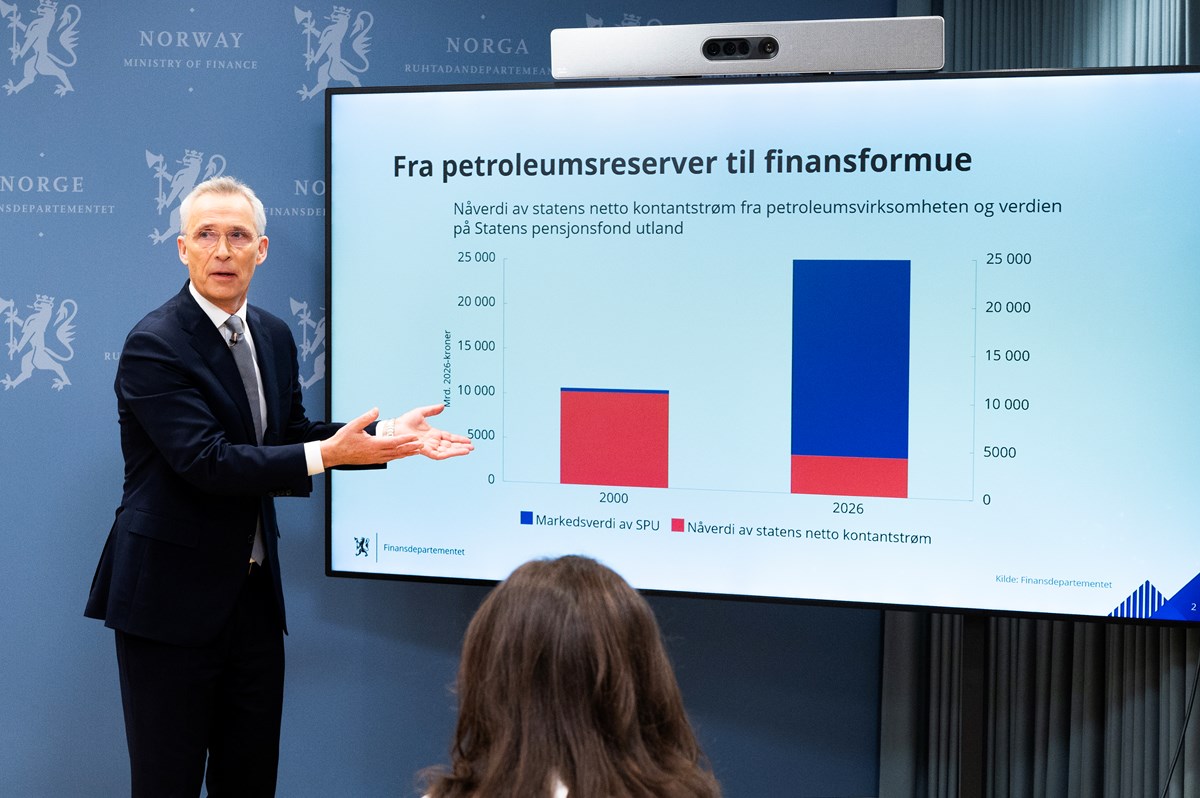 Oljefondet er nå verdt fem ganger mer enn den gjenværende oljen og gassen vi kan hente ut av Nordsjøen. Derfor er vi nå mer en investornasjon enn en oljenasjon, forklarte finansminister Jens Stoltenberg til det fremmøtte pressekorpset.