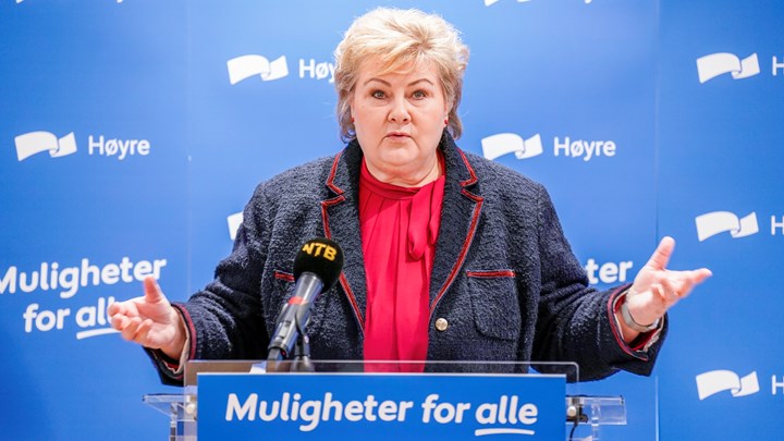 Høyre-leder Erna Solberg møtte pressen i forkant av landsmøtet til Høyre som starter på fredag.