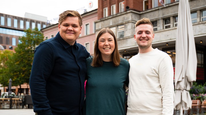 AUFs nye ledertrio: Gaute Skjervø (nestleder), Astrid Hoem (leder) og Jan Halvor Endrerud (generalsekretær).