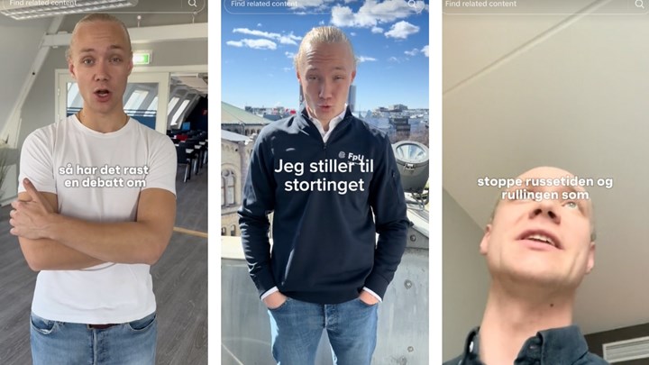 Simen Velle er 23 år, har over 35 000 følgere på TikTok og vil bli blant de yngste på Stortinget om han kommer inn. Her slik mange unge kjenner han, fra TikTok-videoer om politikk. 