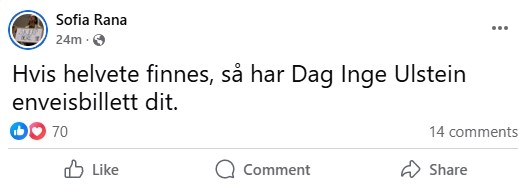 Sofia Rana posten denne kl. 12 onsdag. Siden skjermbilde ble tatt, har antallet positive reaksjoner på posten passert 200.