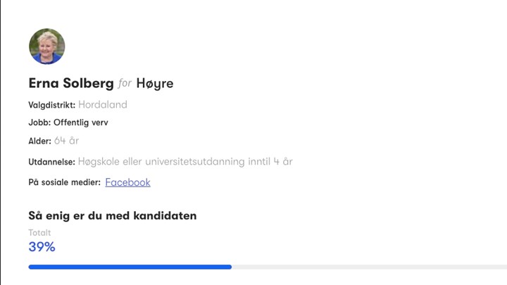 Fra Erna Solbergs kandidatprofil. Hun er statsministerkandidat og partileder i Høyre.