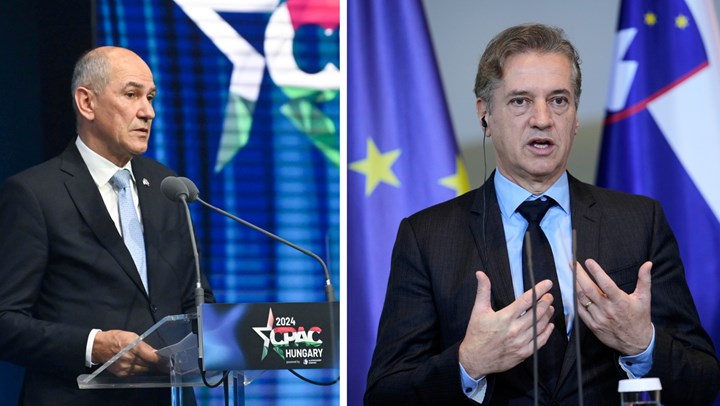 Tidligere statsminister Janez Janša t.v utfordrer statsminister Robert Golob&nbsp;i valget 2026.