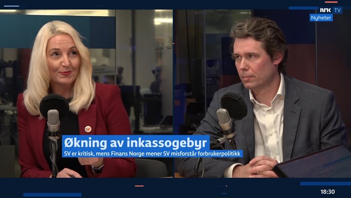 Mirell Høyer-Berntsen (SV) og Eddy Kjær (Finans Norge) fortsatte debatten om inkasso i Dagsnytt 18 27. november.